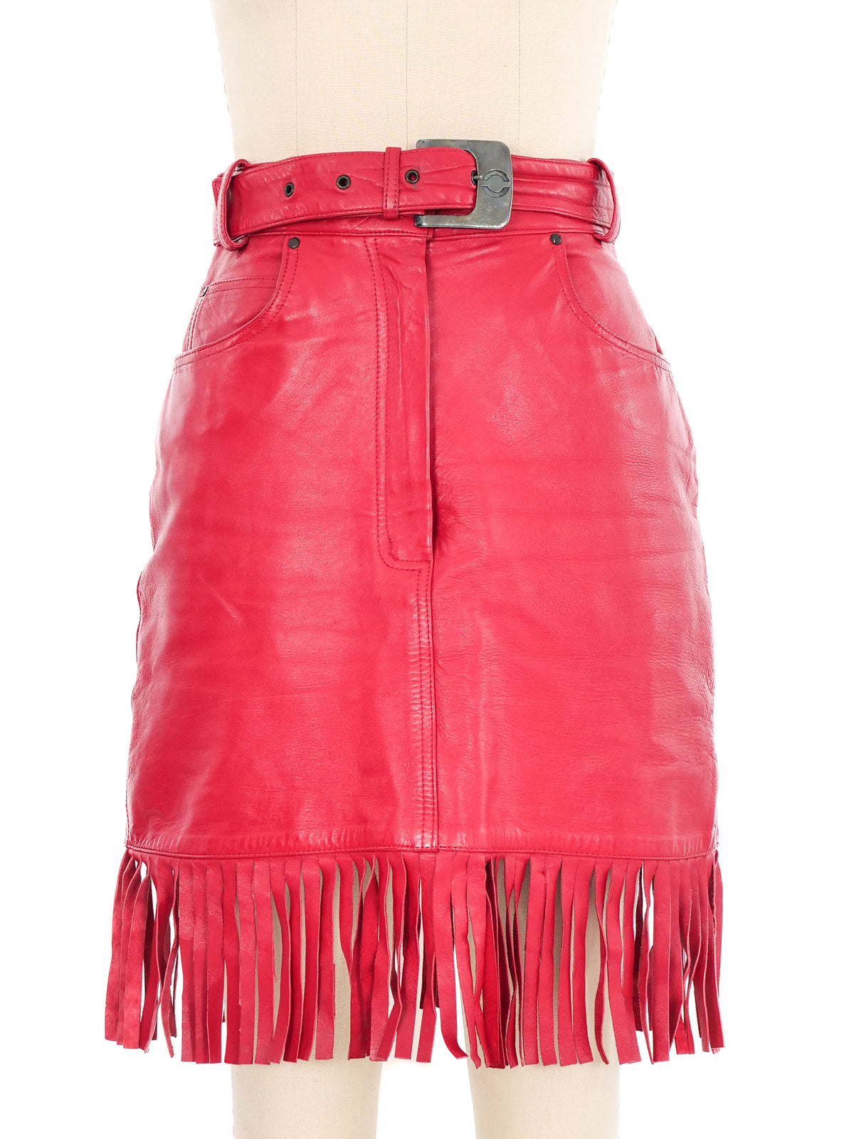 State Of Claude Montana Red Leather Fringed Skirt display picture 3