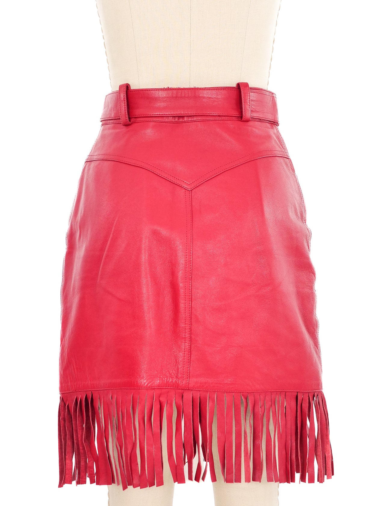 State Of Claude Montana Red Leather Fringed Skirt