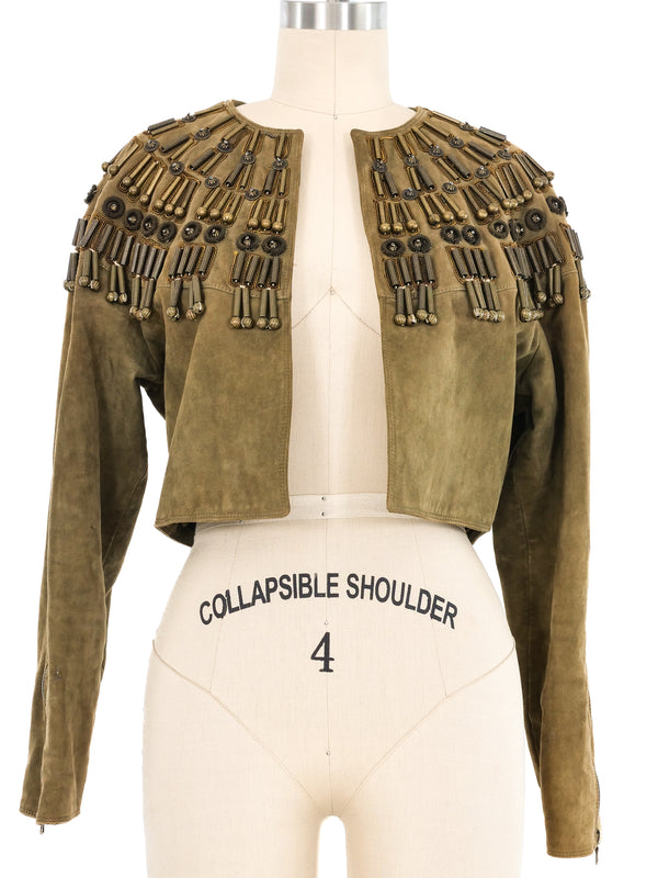 1990 Gianni Versace Cropped Embellished Olive Suede Jacket Jacket arcadeshops.com