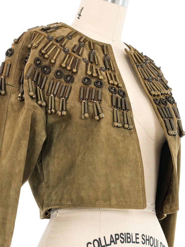 1990 Gianni Versace Cropped Embellished Olive Suede Jacket Jacket arcadeshops.com