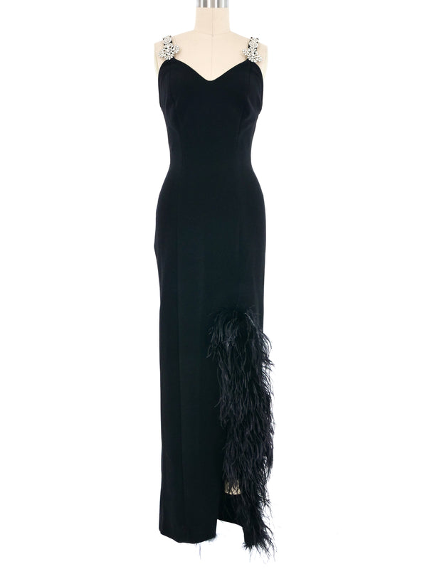 Lillie Rubin Feather Trimmed Brooch Embellished Gown Dress arcadeshops.com