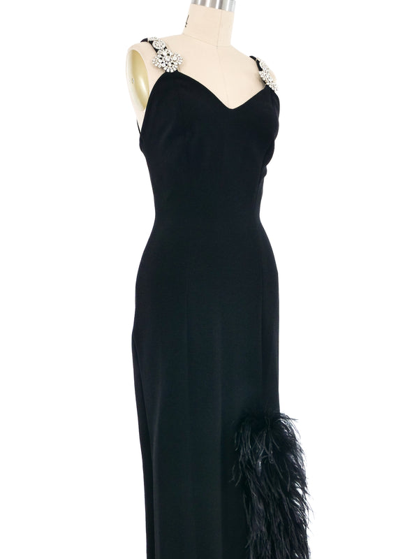 Lillie Rubin Feather Trimmed Brooch Embellished Gown Dress arcadeshops.com