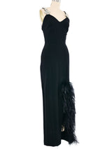 Lillie Rubin Feather Trimmed Brooch Embellished Gown Dress arcadeshops.com