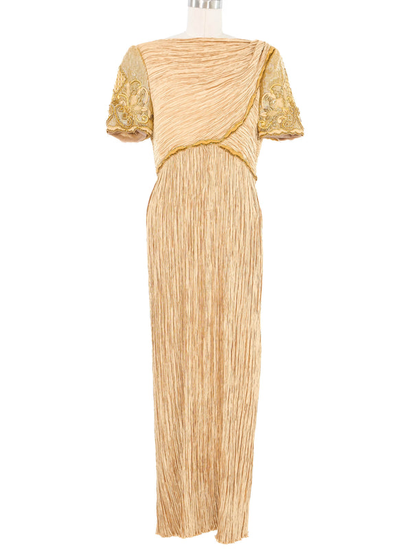 Mary McFadden Gold Plisse Pleat Gown Dress arcadeshops.com