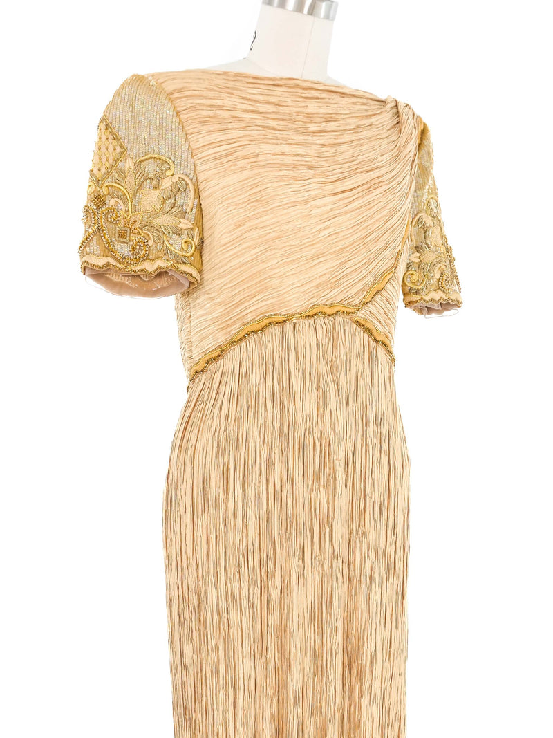 Mary McFadden Gold Plisse Pleat Gown Dress arcadeshops.com