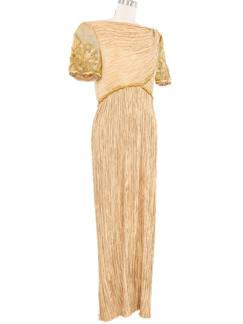 Mary McFadden Gold Plisse Pleat Gown Dress arcadeshops.com