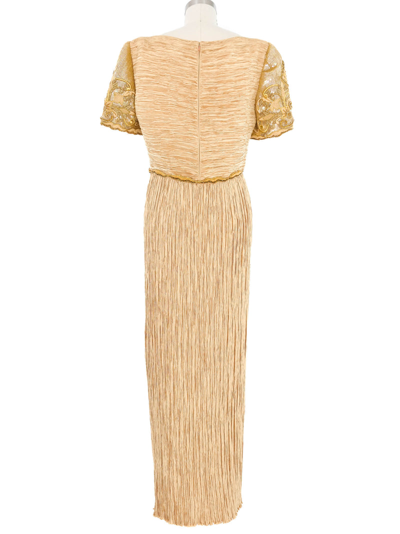 Mary McFadden Gold Plisse Pleat Gown Dress arcadeshops.com