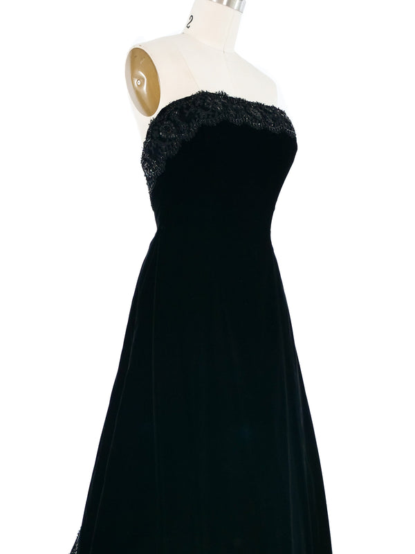 Vicky Tiel Black Velvet Lace Trimmed Gown Dress arcadeshops.com