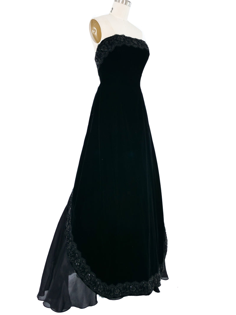 Vicky Tiel Black Velvet Lace Trimmed Gown Dress arcadeshops.com