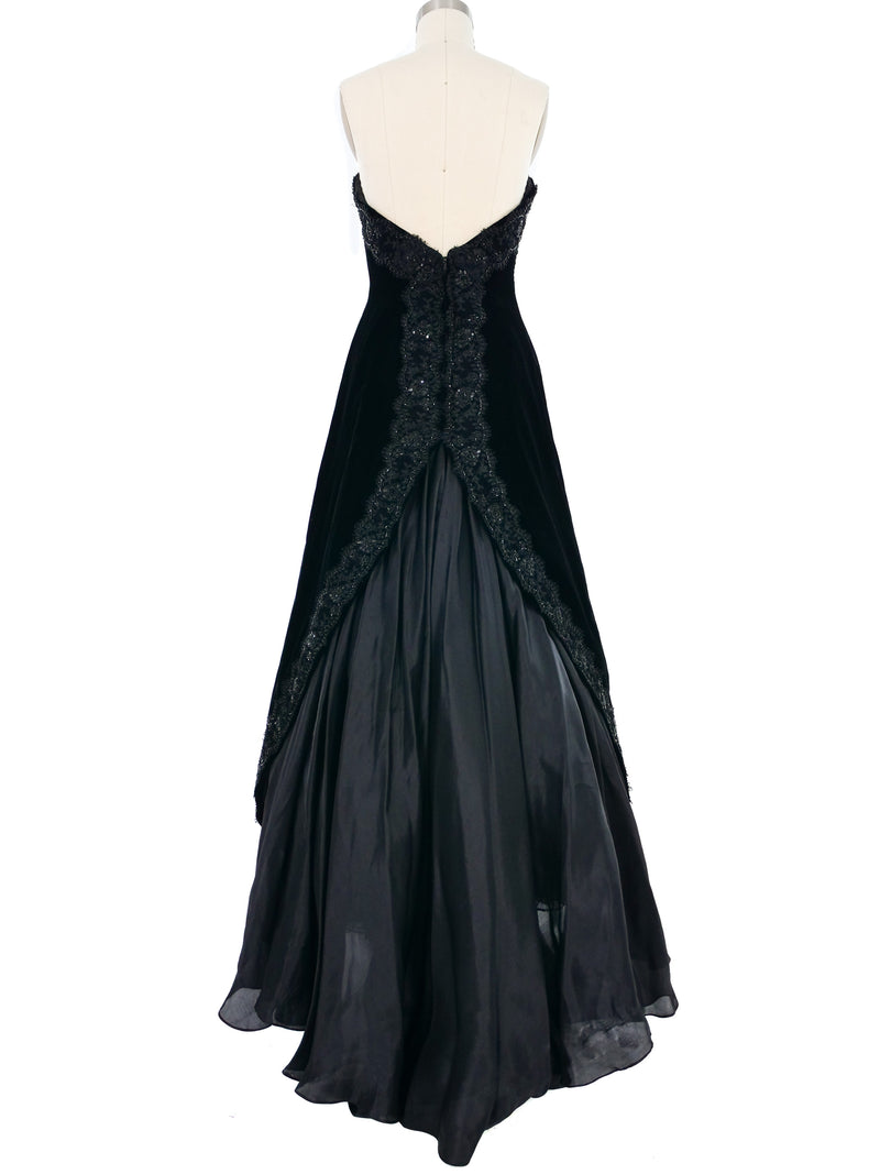 Vicky Tiel Black Velvet Lace Trimmed Gown Dress arcadeshops.com