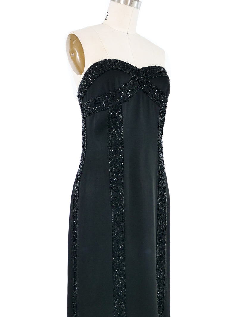 Sequin Trimmed Black Satin Strapless Gown Dress arcadeshops.com