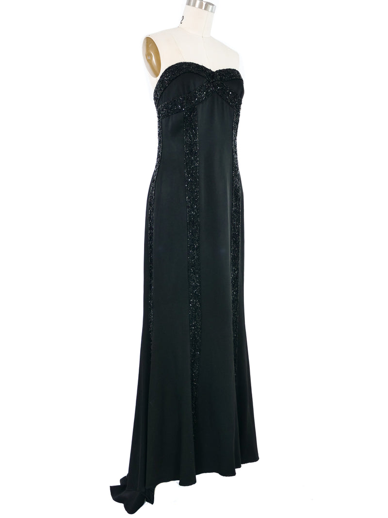 Sequin Trimmed Black Satin Strapless Gown Dress arcadeshops.com