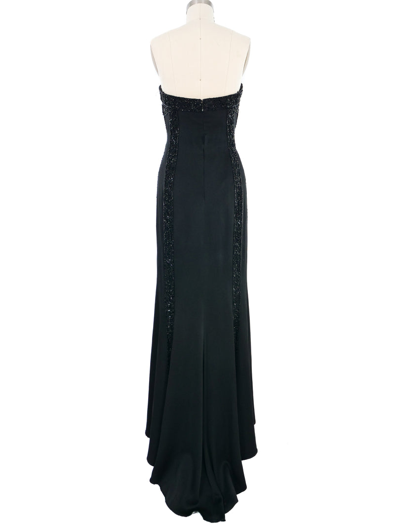 Sequin Trimmed Black Satin Strapless Gown Dress arcadeshops.com