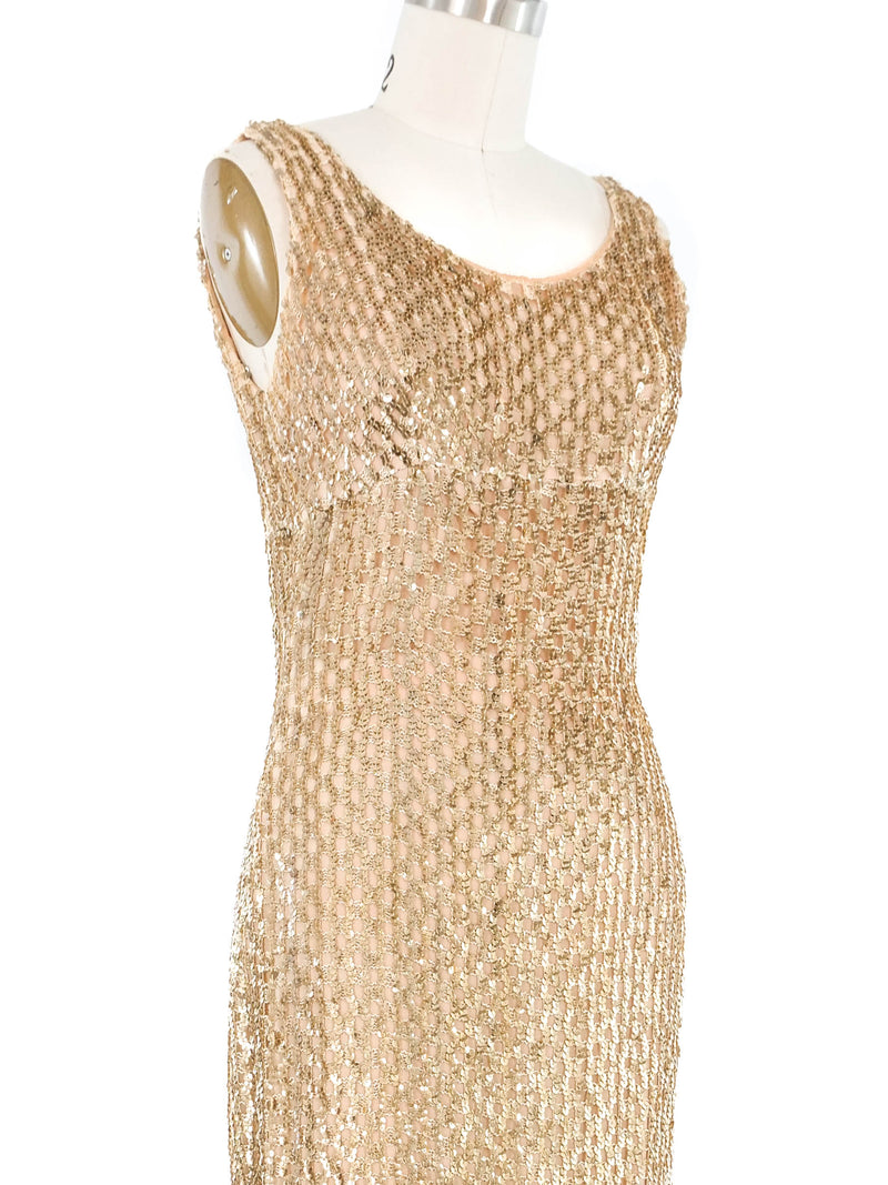 1960s Goldtone Sequin Embellished Sleeveless Gown Dress arcadeshops.com