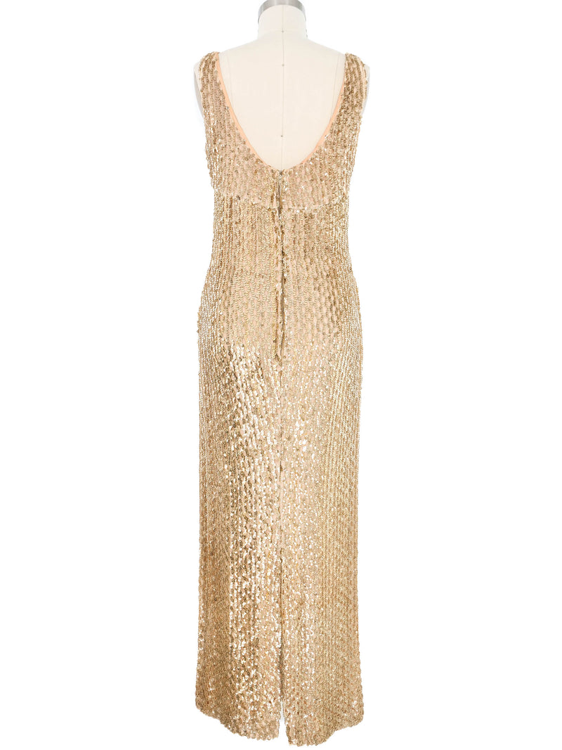 1960s Goldtone Sequin Embellished Sleeveless Gown Dress arcadeshops.com