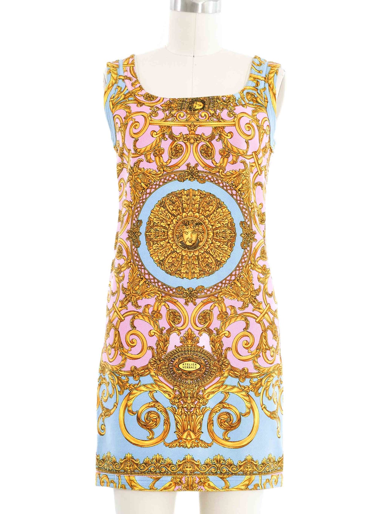 1992 Gianni Versace Baroque Print Denim Mini Dress