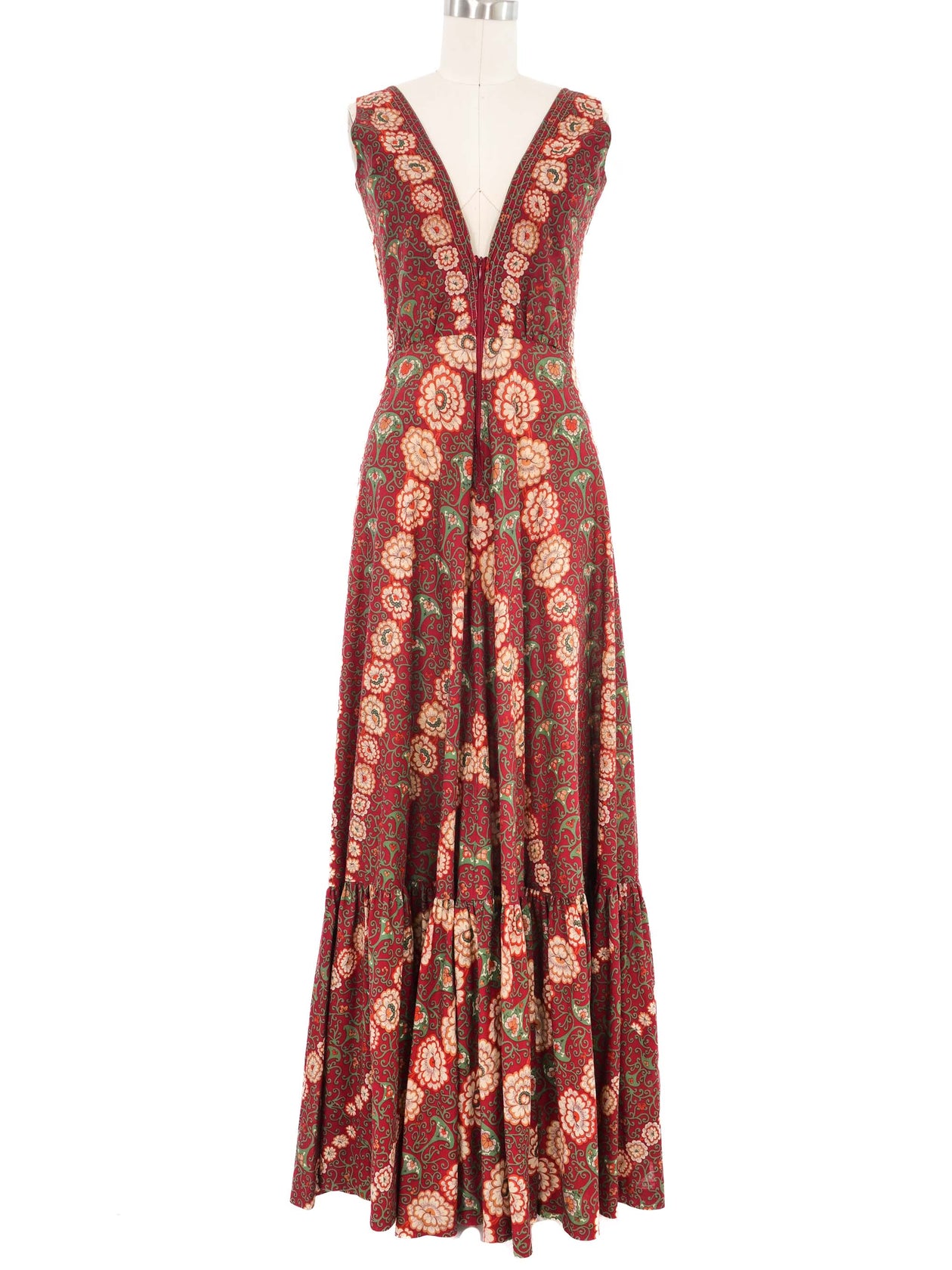 racing green bridesmaid dress 1970s Albert Nipon Floral Block Print Peasant Dress