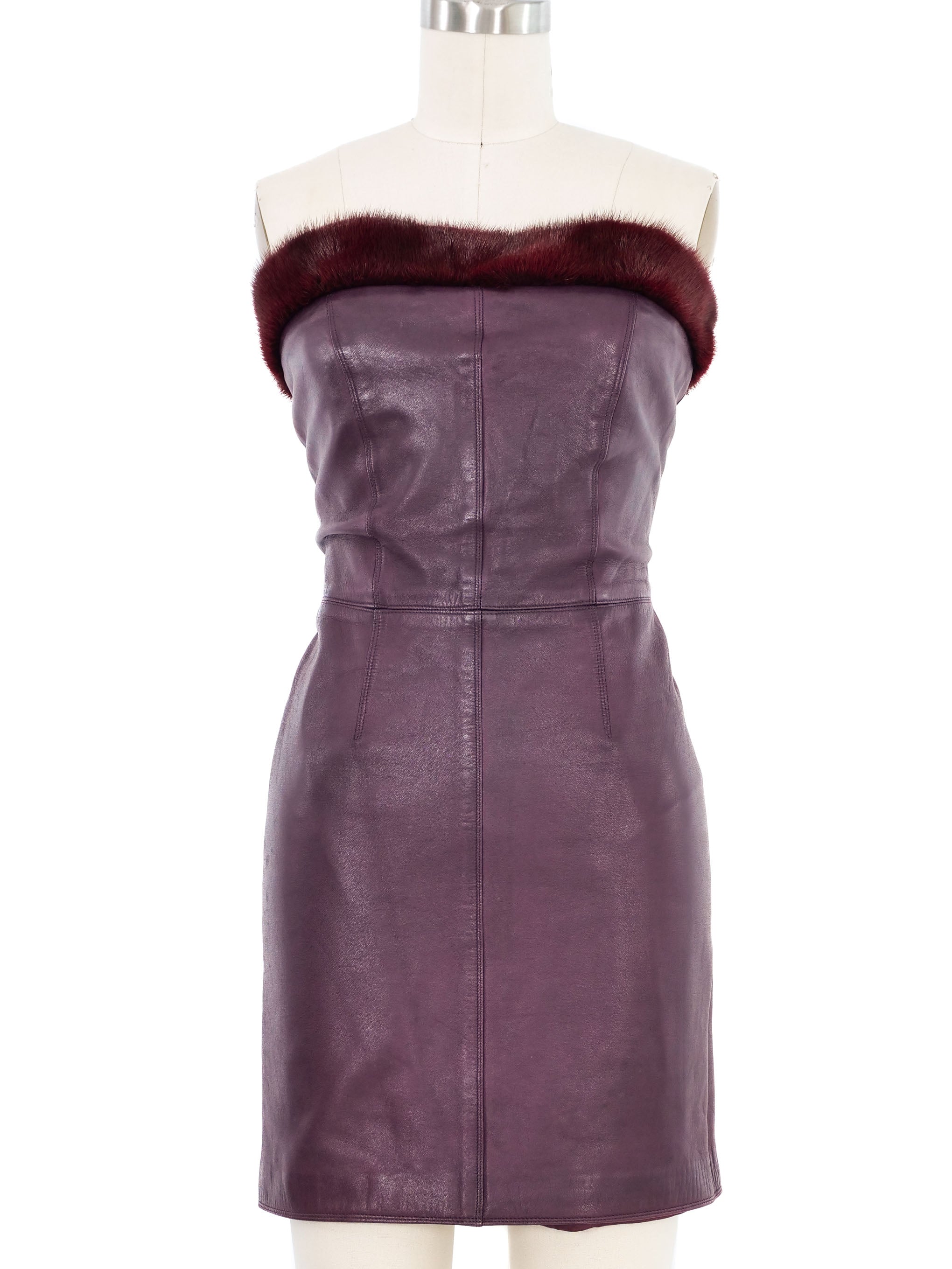 1997 Gianni Versace Fur Trimmed Burgundy Leather Dress