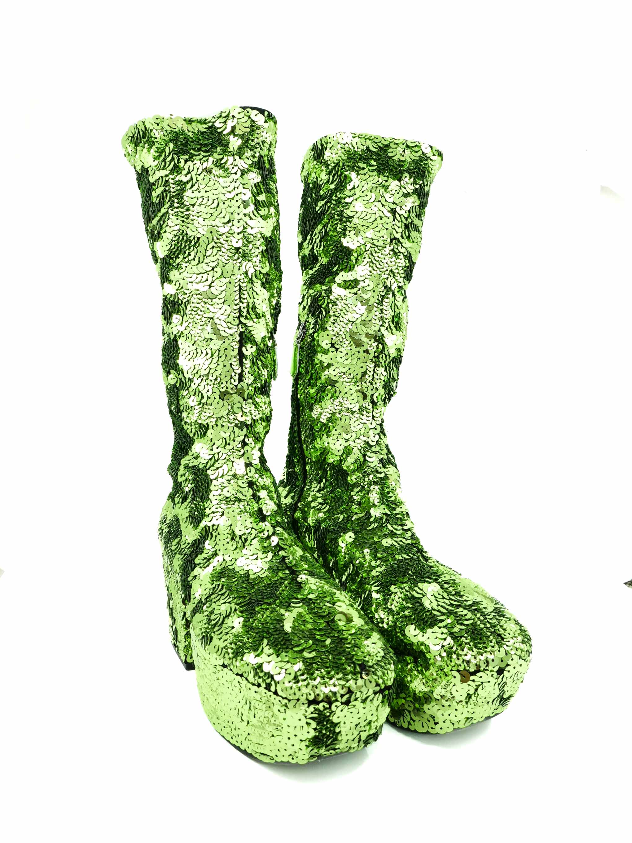 2021 Prada Green Sequin Platform Boots, 39