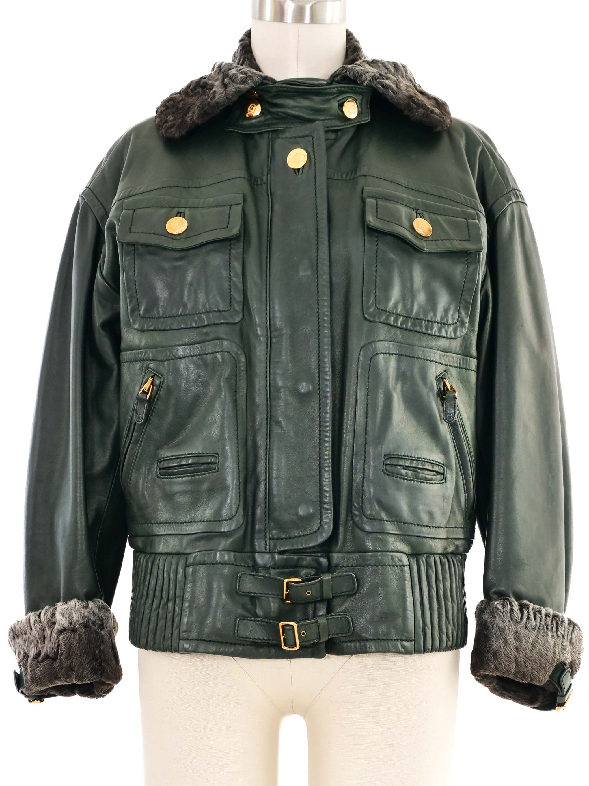 1990s Gucci Shearling Trimmed Leather Bomber Jacket
