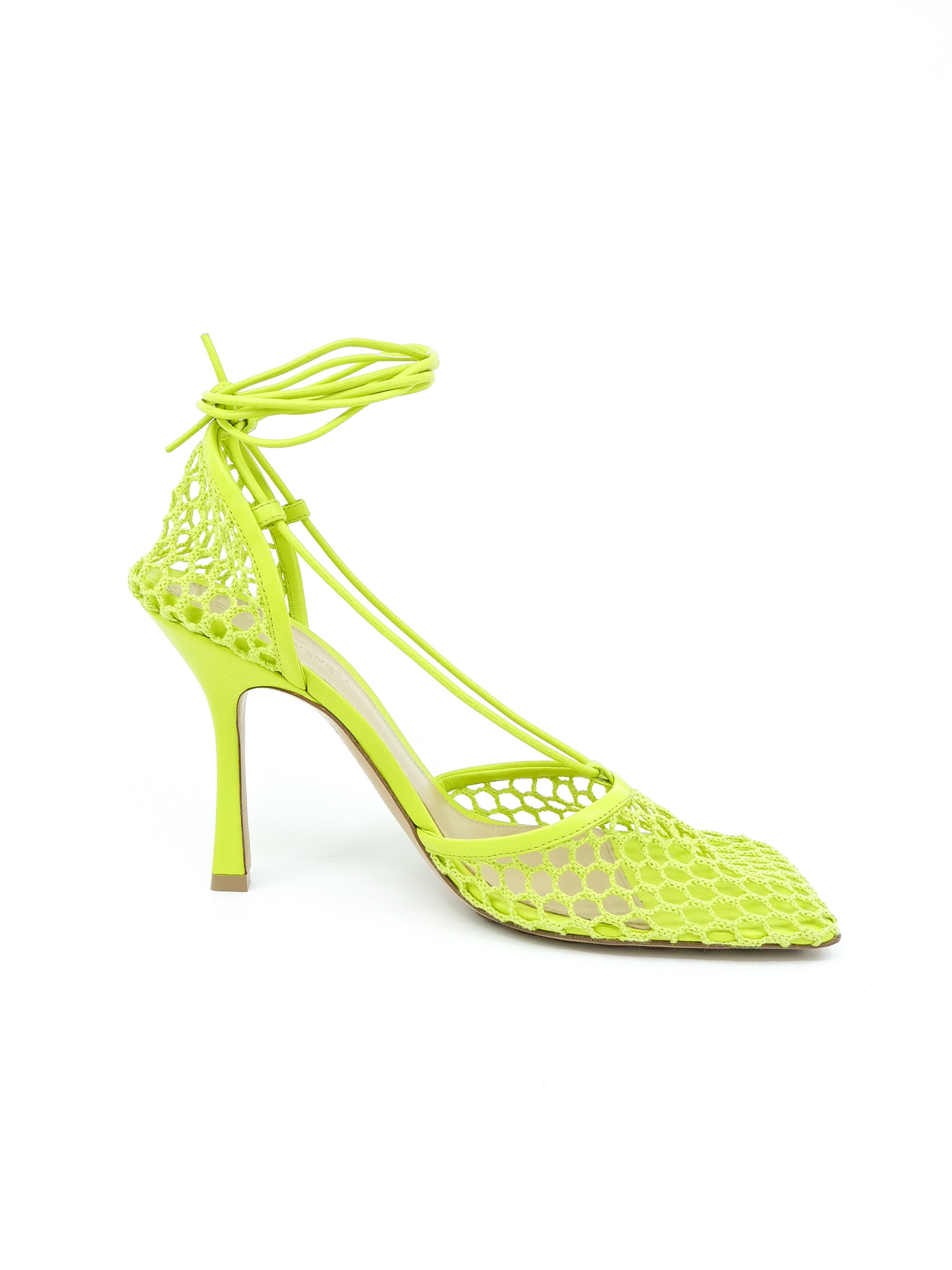 Bottega Veneta Neon Stretch Mesh Heeled Sandals, 39.5