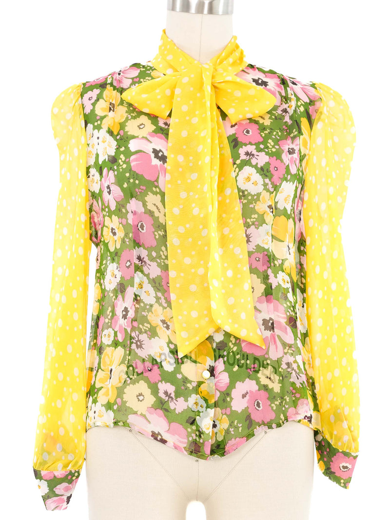 Edeltrud Hofmann Yellow Floral Chiffon Blouse Top arcadeshops.com