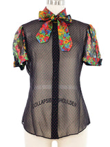 Edeltrud Hofmann Polka Dot Chiffon Floral Short Sleeve Blouse Top arcadeshops.com
