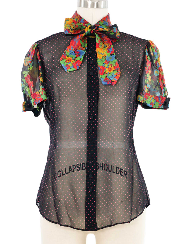 Edeltrud Hofmann Polka Dot Chiffon Floral Short Sleeve Blouse Top arcadeshops.com