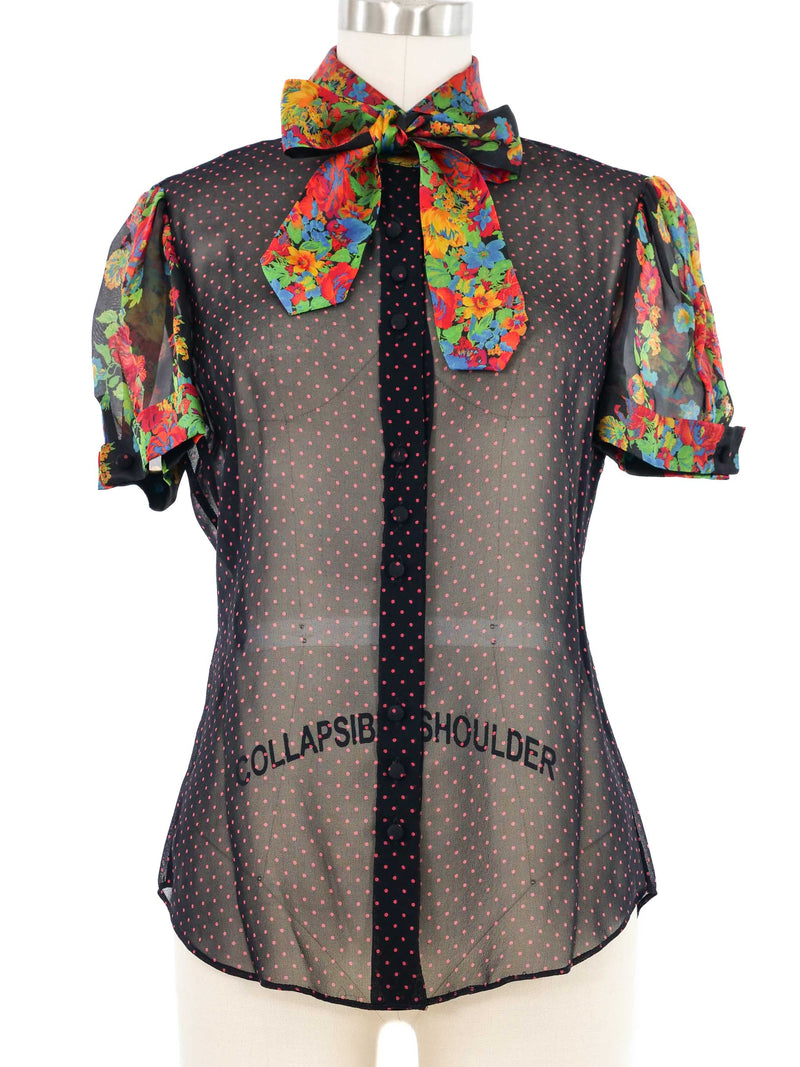 Edeltrud Hofmann Polka Dot Chiffon Floral Short Sleeve Blouse Top arcadeshops.com