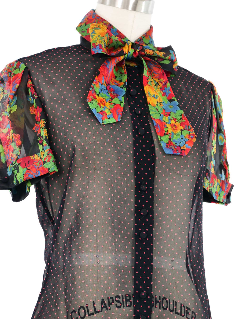 Edeltrud Hofmann Polka Dot Chiffon Floral Short Sleeve Blouse Top arcadeshops.com
