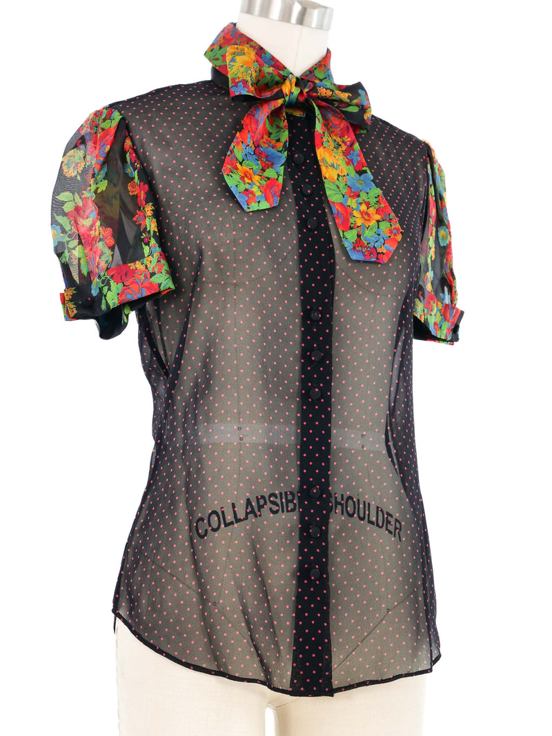 Edeltrud Hofmann Polka Dot Chiffon Floral Short Sleeve Blouse Top arcadeshops.com