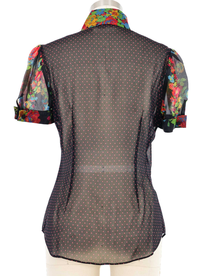 Edeltrud Hofmann Polka Dot Chiffon Floral Short Sleeve Blouse Top arcadeshops.com