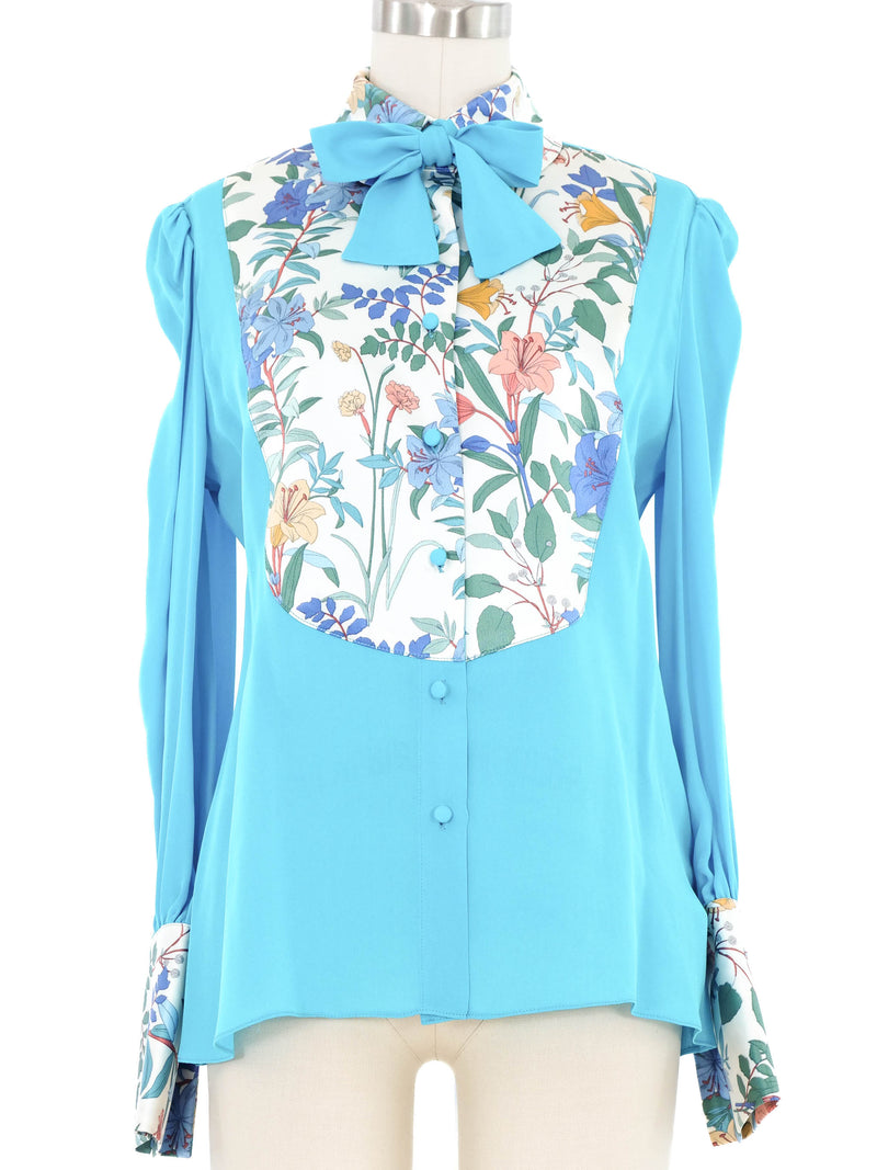 Edeltrud Hofmann Teal Floral Satin Bib Blouse Top arcadeshops.com