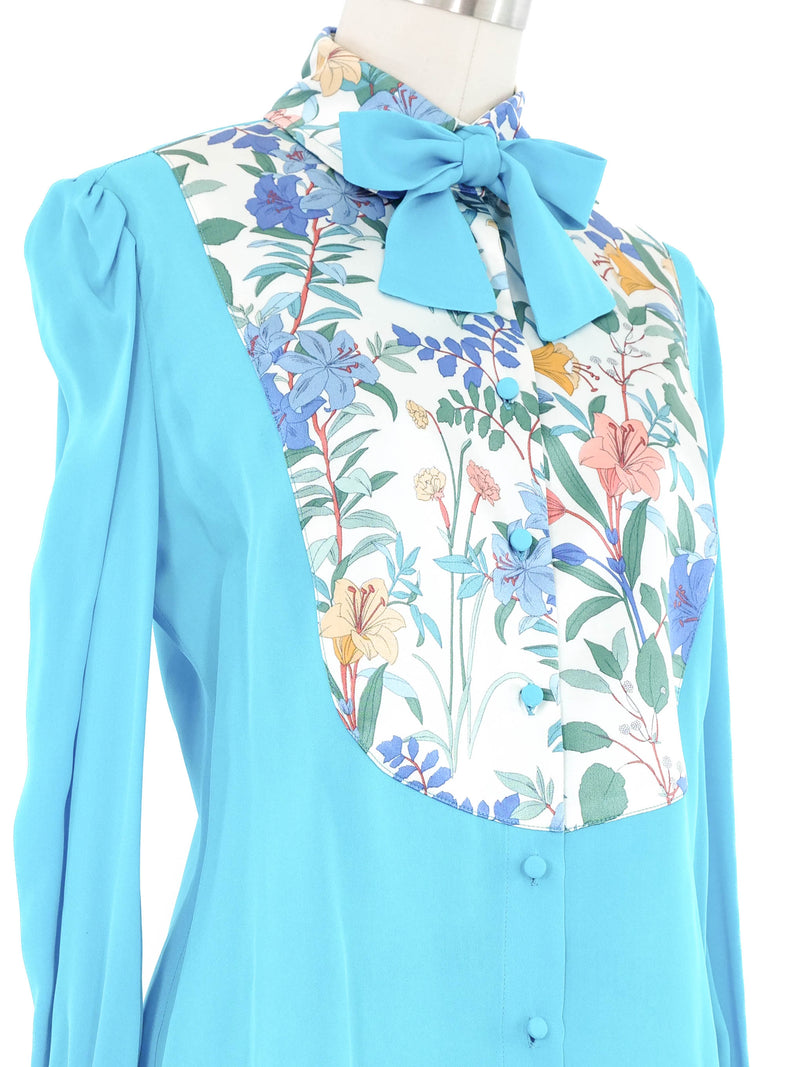 Edeltrud Hofmann Teal Floral Satin Bib Blouse Top arcadeshops.com