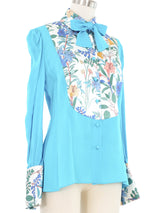 Edeltrud Hofmann Teal Floral Satin Bib Blouse Top arcadeshops.com