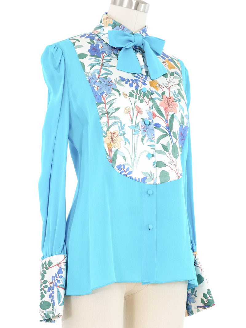 Edeltrud Hofmann Teal Floral Satin Bib Blouse Top arcadeshops.com