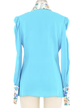 Edeltrud Hofmann Teal Floral Satin Bib Blouse Top arcadeshops.com