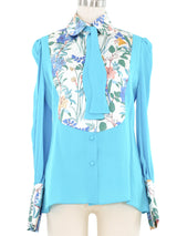 Edeltrud Hofmann Teal Floral Satin Bib Blouse Top arcadeshops.com