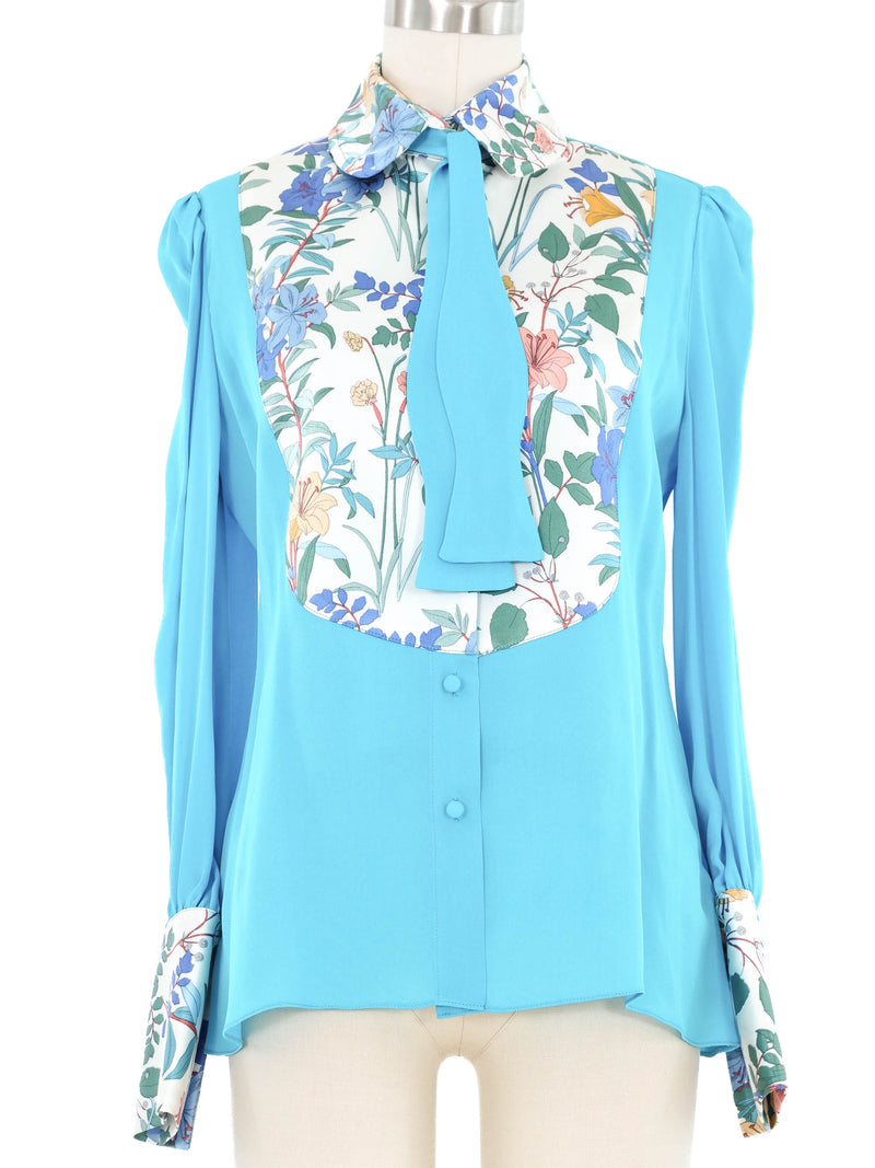 Edeltrud Hofmann Teal Floral Satin Bib Blouse Top arcadeshops.com
