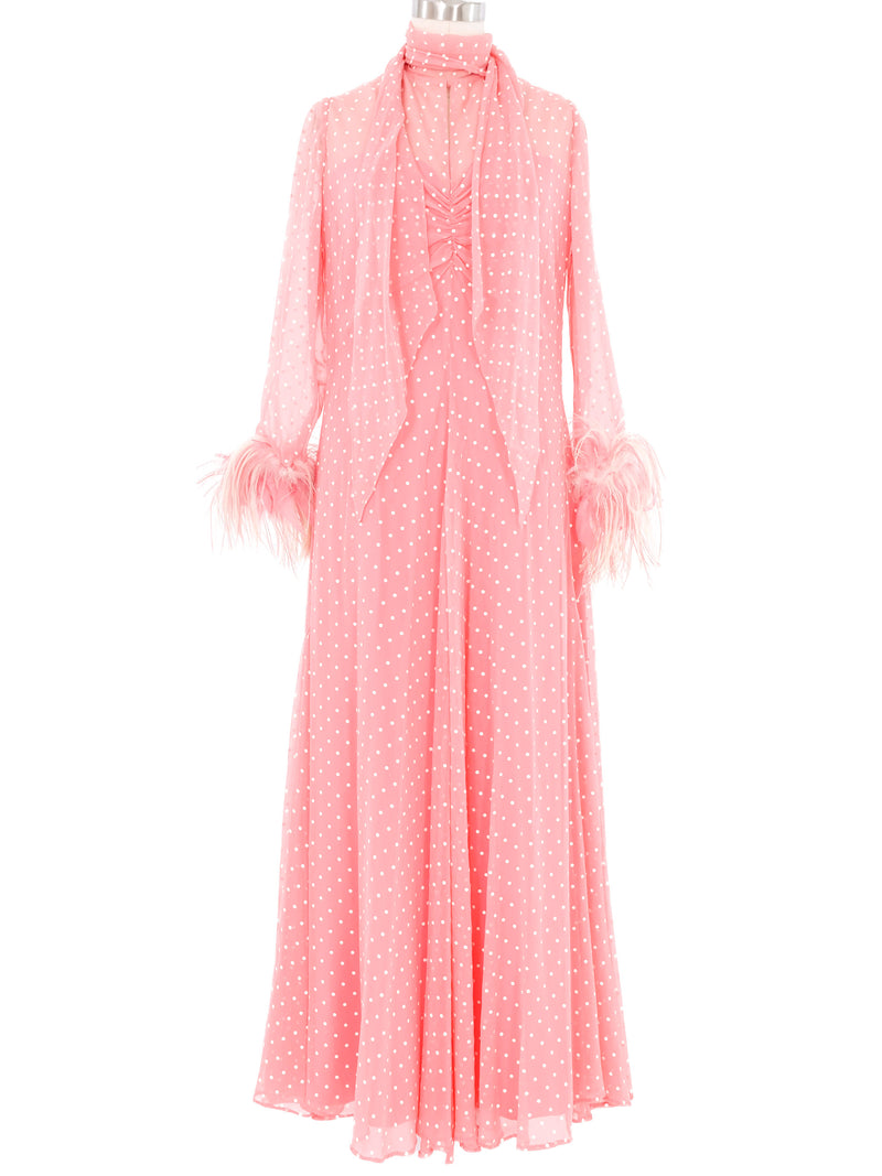 Pink Ostrich Trimmed Polka Dot Chiffon Gown Dress arcadeshops.com