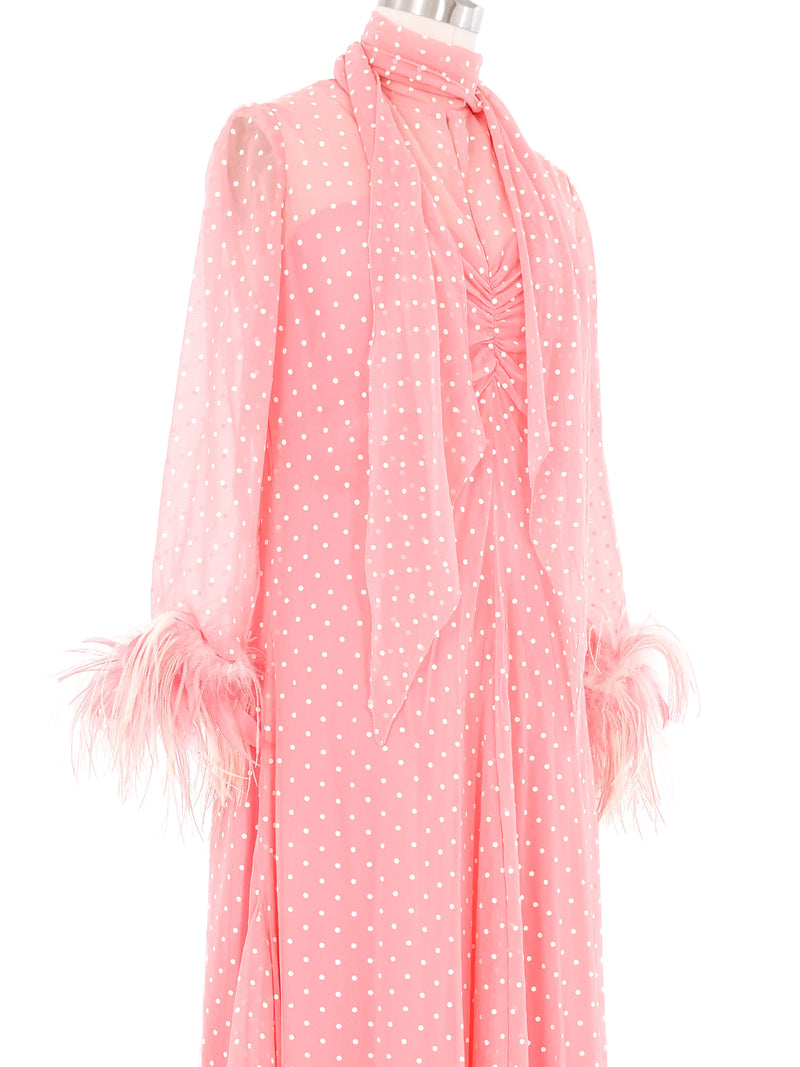 Pink Ostrich Trimmed Polka Dot Chiffon Gown Dress arcadeshops.com