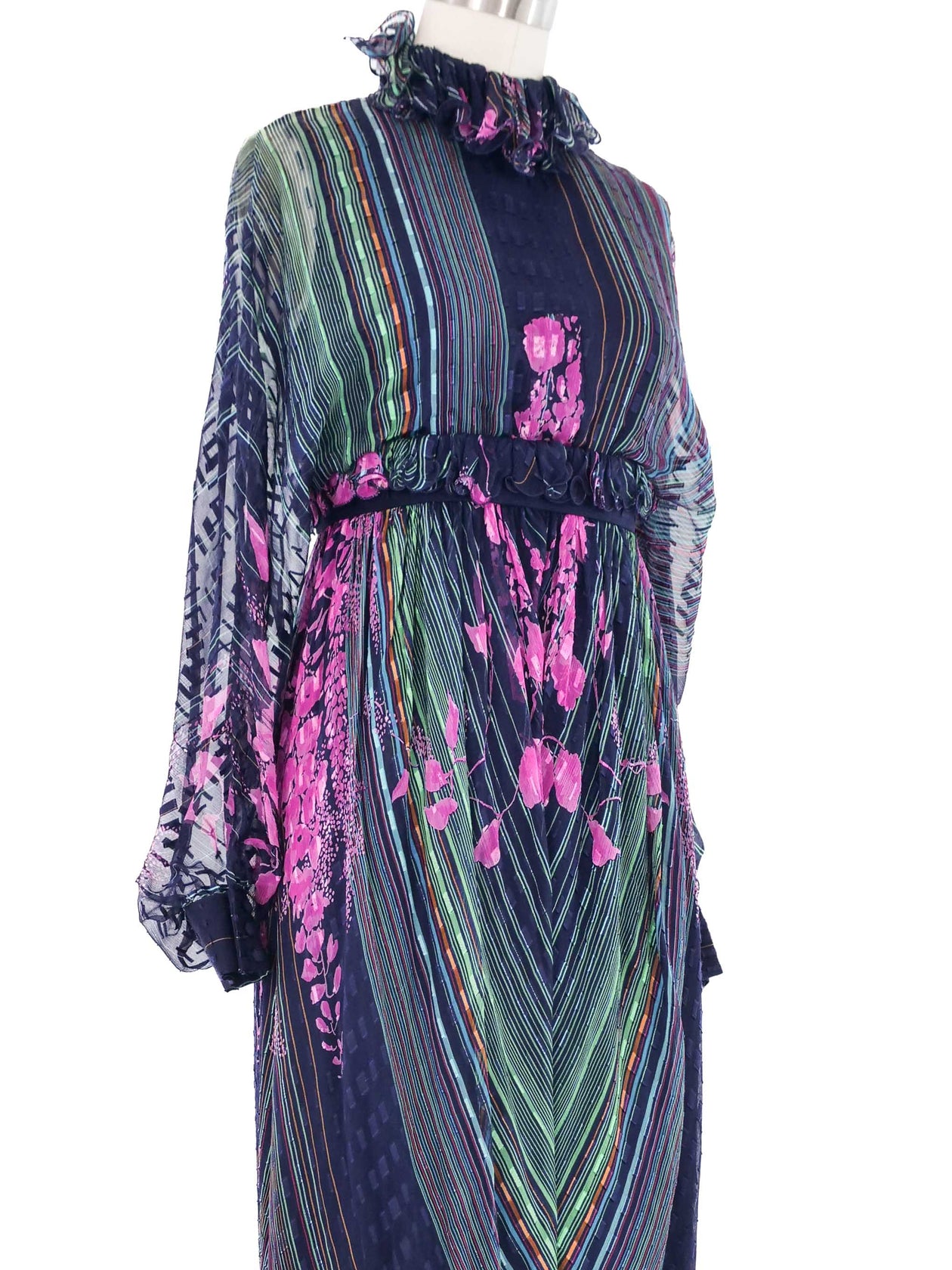 chinese dress ladies 1970s Floral Striped Chiffon Gown