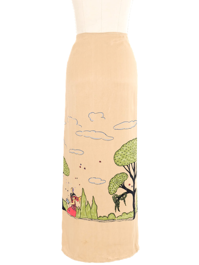 Illustrated Silk Scarf Wrap Skirt Bottom arcadeshops.com
