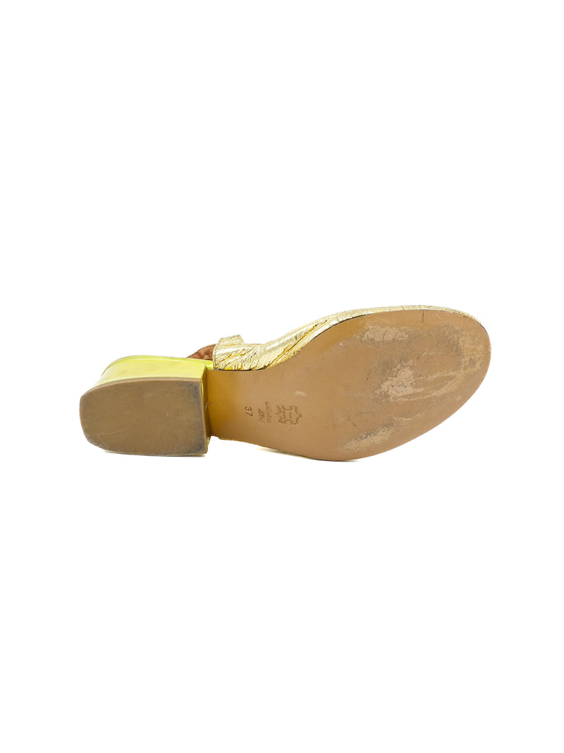 2008 Lanvin Gold Foil Slingback Block Heels, 37 Accessory arcadeshops.com