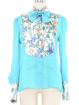 Edeltrud Hofmann Teal Chiffon Floral Satin Bib Blouse Top arcadeshops.com