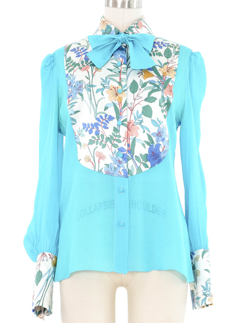 Edeltrud Hofmann Teal Chiffon Floral Satin Bib Blouse Top arcadeshops.com
