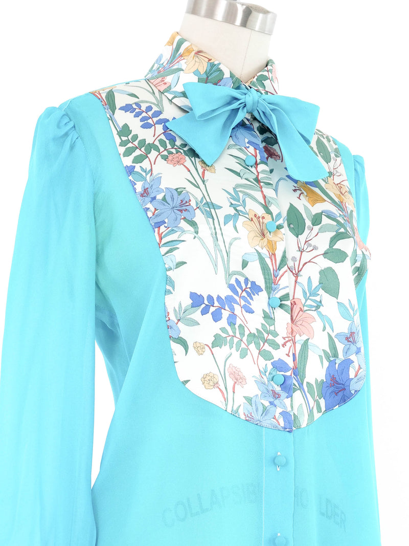 Edeltrud Hofmann Teal Chiffon Floral Satin Bib Blouse Top arcadeshops.com