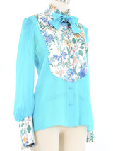 Edeltrud Hofmann Teal Chiffon Floral Satin Bib Blouse Top arcadeshops.com