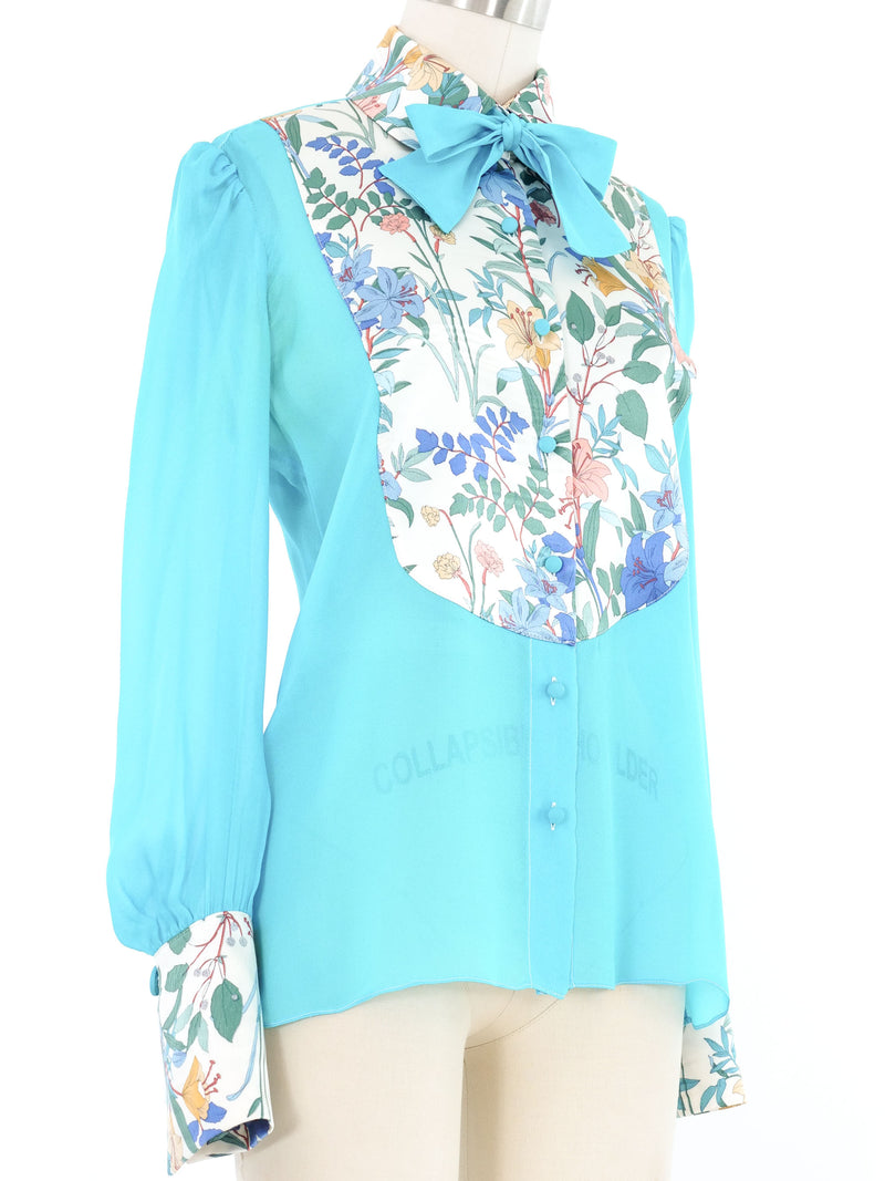 Edeltrud Hofmann Teal Chiffon Floral Satin Bib Blouse Top arcadeshops.com
