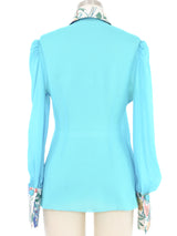 Edeltrud Hofmann Teal Chiffon Floral Satin Bib Blouse Top arcadeshops.com